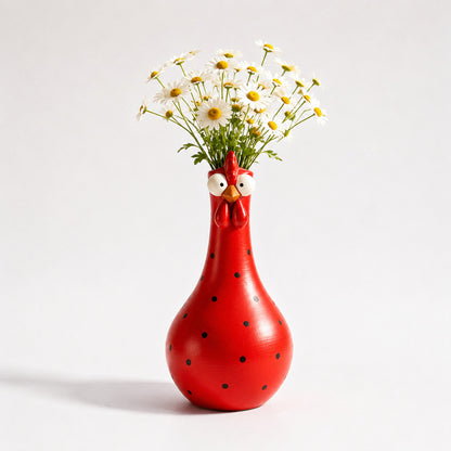Hand-Painted Rooster Vase Sculpture | Long Neck Cartoon Rooster Decor with Colorful Polka Dots | Waterproof Resin Home Accent