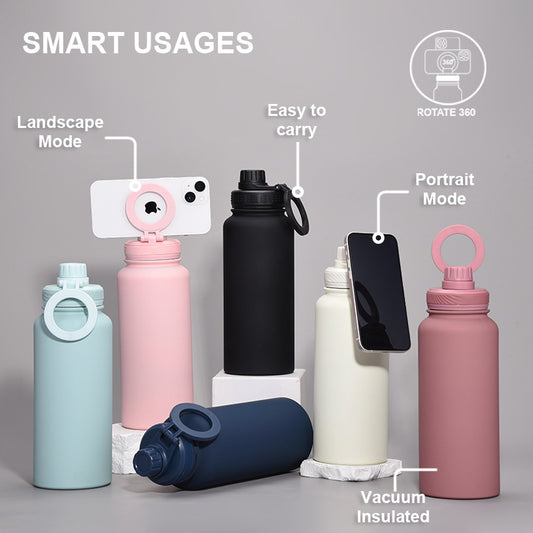 Magnetic Phone Holder Outdoor Large Capacity 1L Wide-Mouth Insulated Stainless Steel Sports Water Bottle
